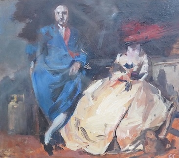 Charlotte Snook (contemporary), ‘The Gold Chasers’, signed with initials, St Anne’s Gallery label verso, oil on board, 18 x 21cm